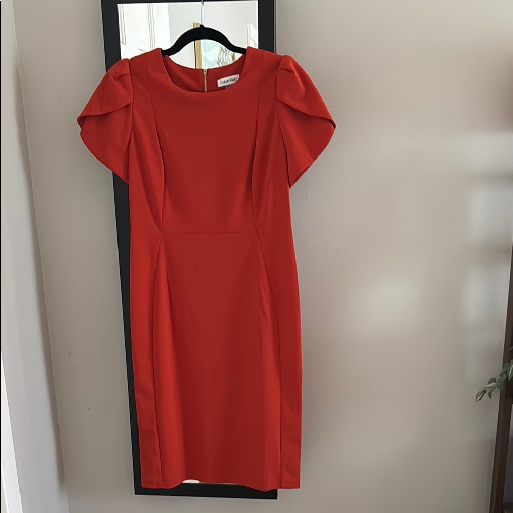 NWOT Calvin Klein Orange Sheath Dress Flutter Sleeve Midi